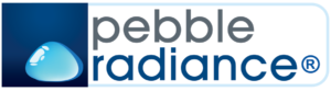 Pebble Radiance logo featuring a blue glass pebble